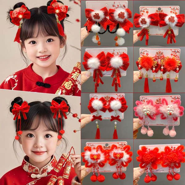 Children's New Year Chinese Style Red Bow Hairpin Ancient Style Hanfu Tassel Hairpin Headdress Girls' Hair Clip Hair Accessory