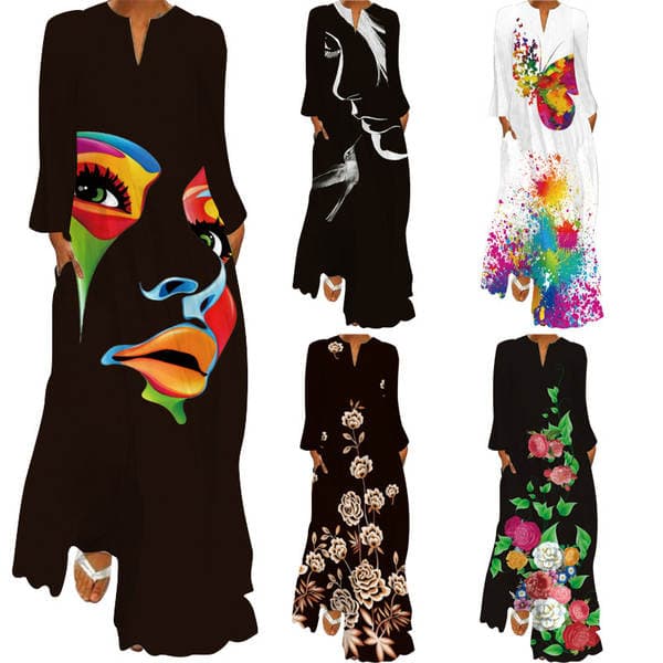 2026 European and American Summer New Style Women's Vintage Butterfly Print Long Dress V-neck Long Sleeve Pocketed Summer Dress