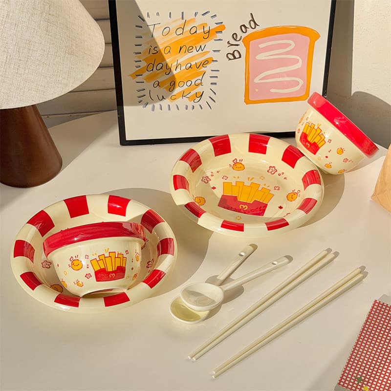 [french fries tableware] food for two - 2 rice bowls + 2 deep plates + 2 spoons + 2 chopsticks