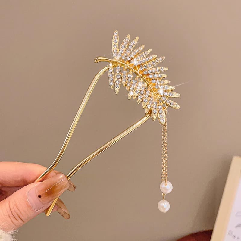 12#Gold leaf pearl tassel hairpin