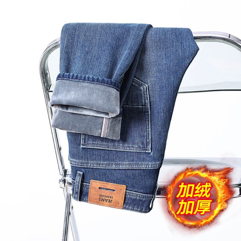 Men's fleece-lined Jeans Slim Fit Straight Pants 2024 Autumn and Winter New Cotton Elastic Thickened Casual Long Pants 5