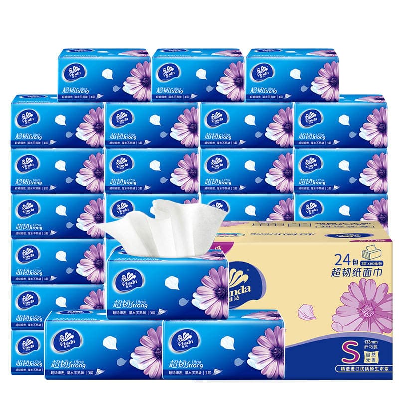 Vinda Tissue Paper, Whole Box of 24 Packs, Household Facial Tissues, 3-Ply Toilet Paper, Napkins, Economical Pack 5