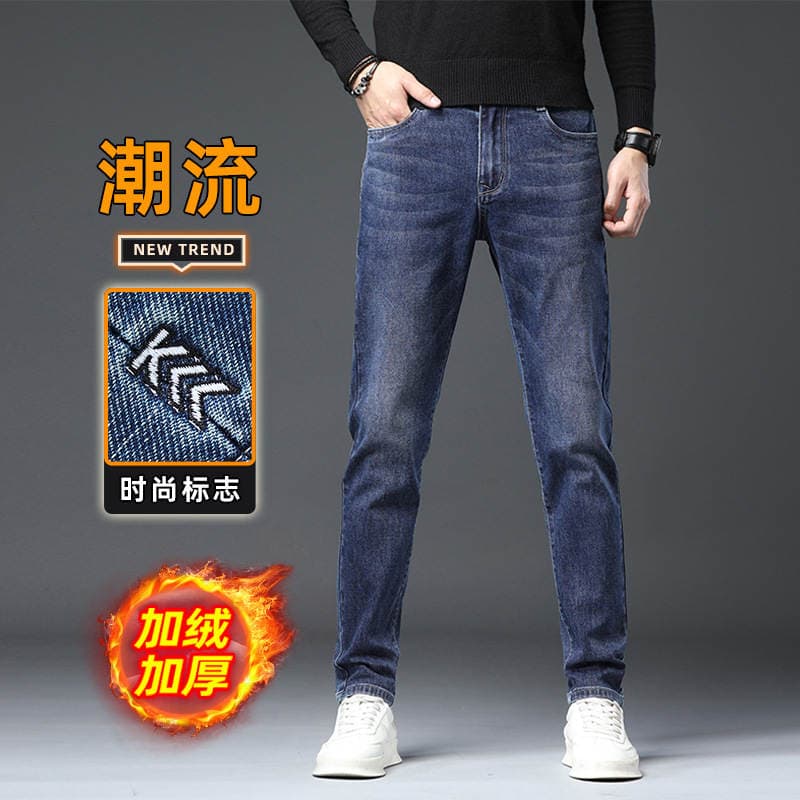 Men's fleece-lined Jeans Slim Fit Straight Pants 2024 Autumn and Winter New Cotton Elastic Thickened Casual Long Pants 2