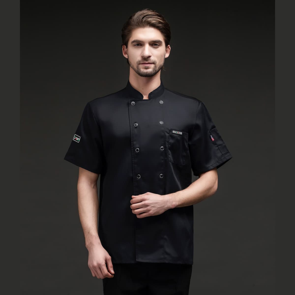 Black short-sleeve t-shirt with full mesh back and leather patch