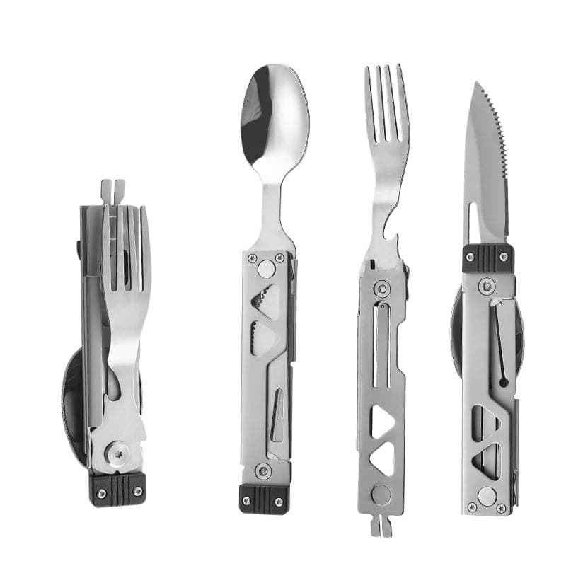 Stainless Steel 5-in-1 Multifunctional Outdoor Cutlery Set, Folding Knife, Fork, Spoon, Bottle Opener, Portable Camping Dining Set 5