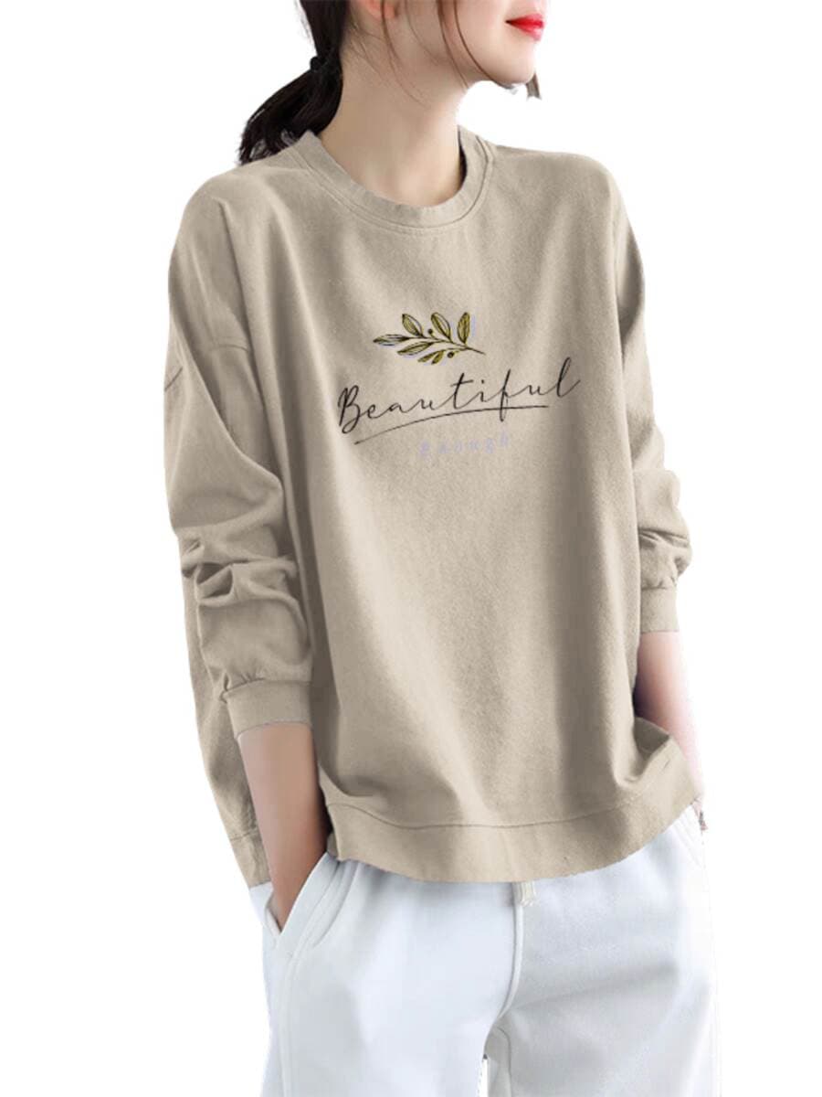 Qadınlar üçün Dəyirmi Yaxalı, Uzunqol, Gündəlik, Zərif, Yaş Azaldan Təmiz Pambıq T-shirt. 5