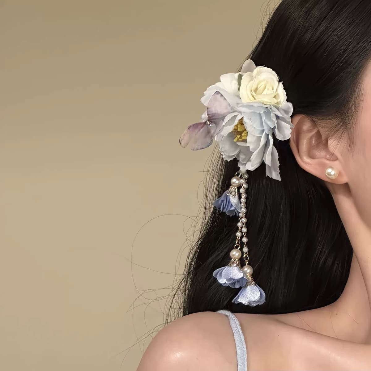 Blue flower tassel hairpin