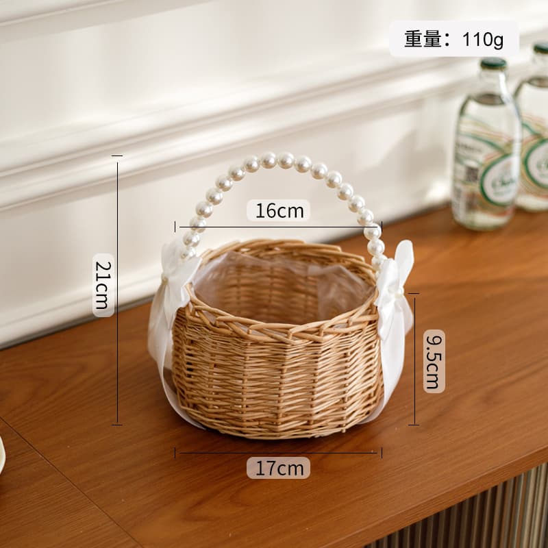 White ribbon bow pearl handle willow woven flower basket - medium