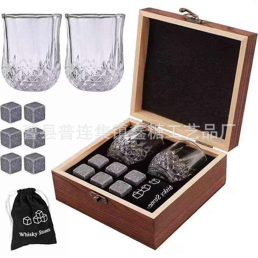 Cross-Border Whiskey Set in Wooden Box with Double Glass Wine Glasses, Natural Ice Wine Stones, Wooden Gift Box, Empty Box 2