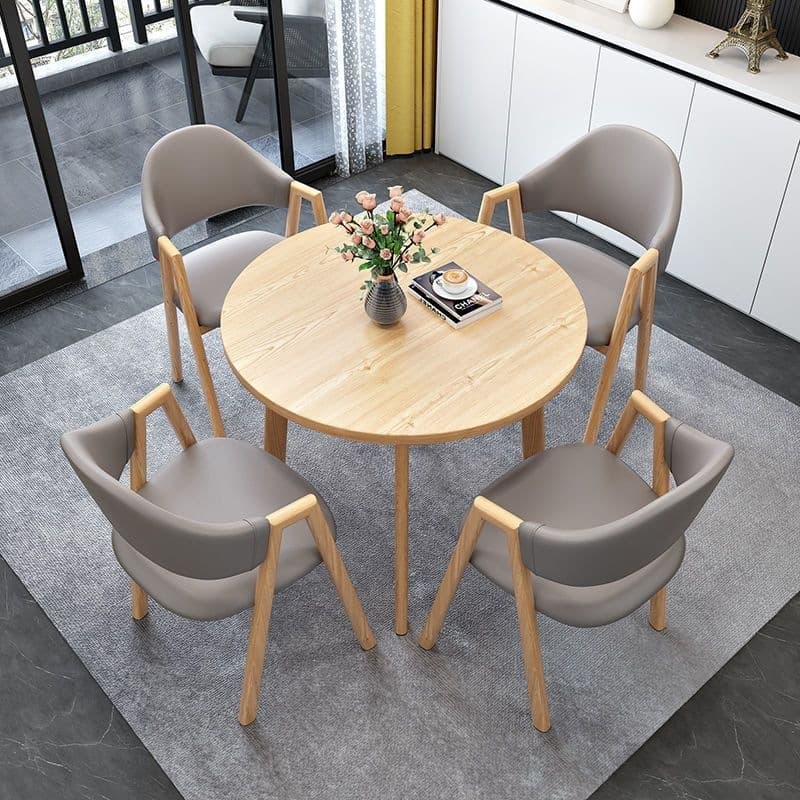 Light wood grain single table + light gray leather chair