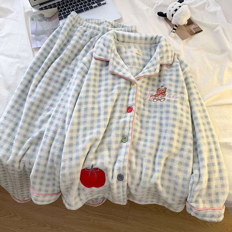 Qadınlar üçün Mərcan Məxmər Pijama Dəsti, Qalınlaşdırılmış, İsti, Cizgi Filmi Dizaynı 4