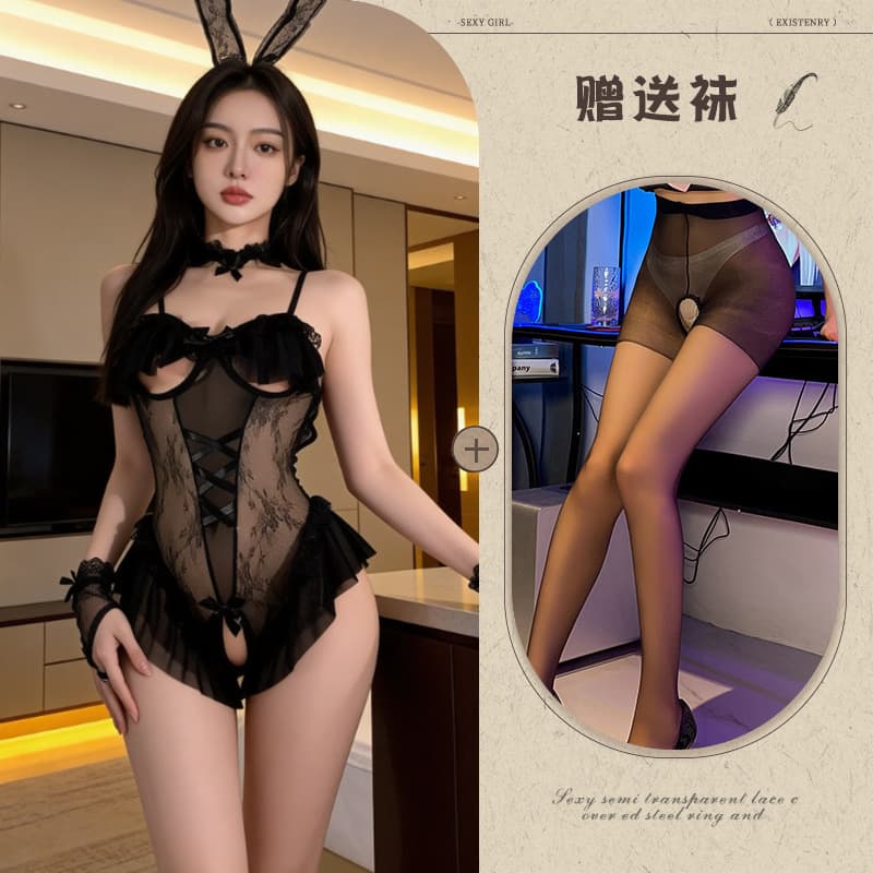 Black + black crotchless stockings