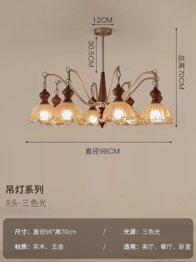 8-head ice crackle chandelier - walnut + chrome finish - tri-color lighting
