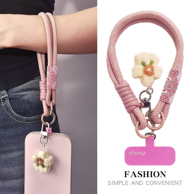 Mobile Phone Lanyard Chinese Style Auspicious Cloud Pattern Braided Wool Flower Pendant Women's Wrist Rope Short Outdoor Mountaineering Travel 1
