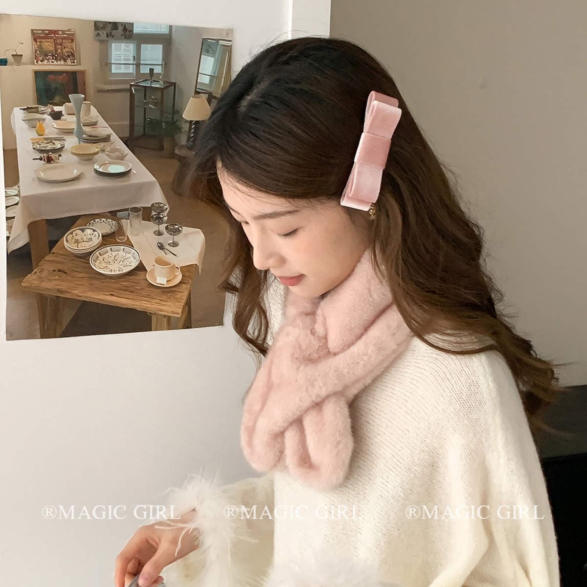 Korean-Style Sweet Pink Faux Fur Scarf for Women, Autumn and Winter Detachable Ribbon Bow, Fashionable and Warm Cross-Neck Scarf 4