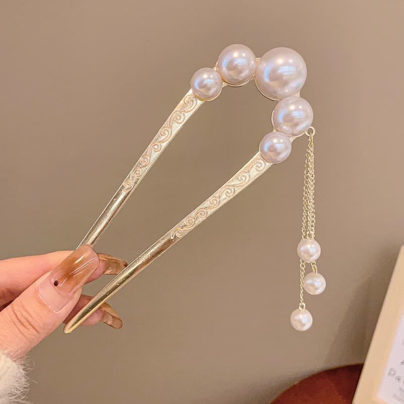 13#Gold pearl tassel hairpin