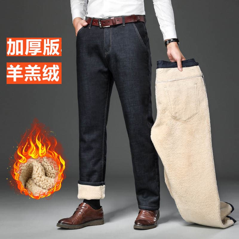 Winter new men's fleece-lined jeans lambswool thick warm straight pants loose stretch casual trousers men 1