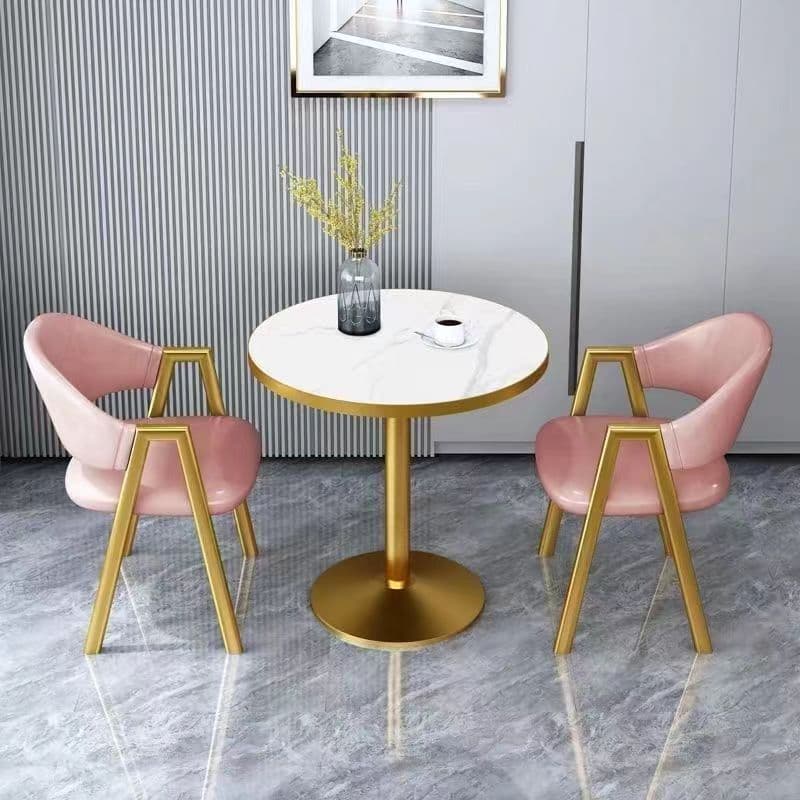 Imitation white marble table top + pink leather chair