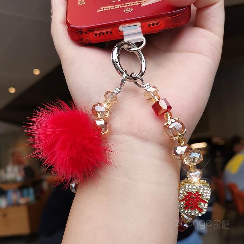 Mobile Phone Chain Pendant for Women to Make Money, Crystal Fur Ball Beaded Wrist Rope, Short Style for Outdoor Travel, Shopping and Taking Photos 3