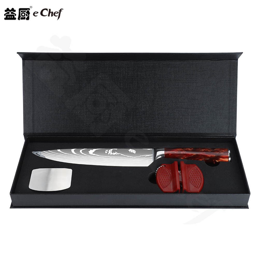 Paslanmayan polad mətbəx bıçaq dəsti, rəngli taxta dəstəkli, Santoku. 5
