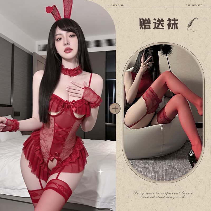 Burgundy + red garter stockings