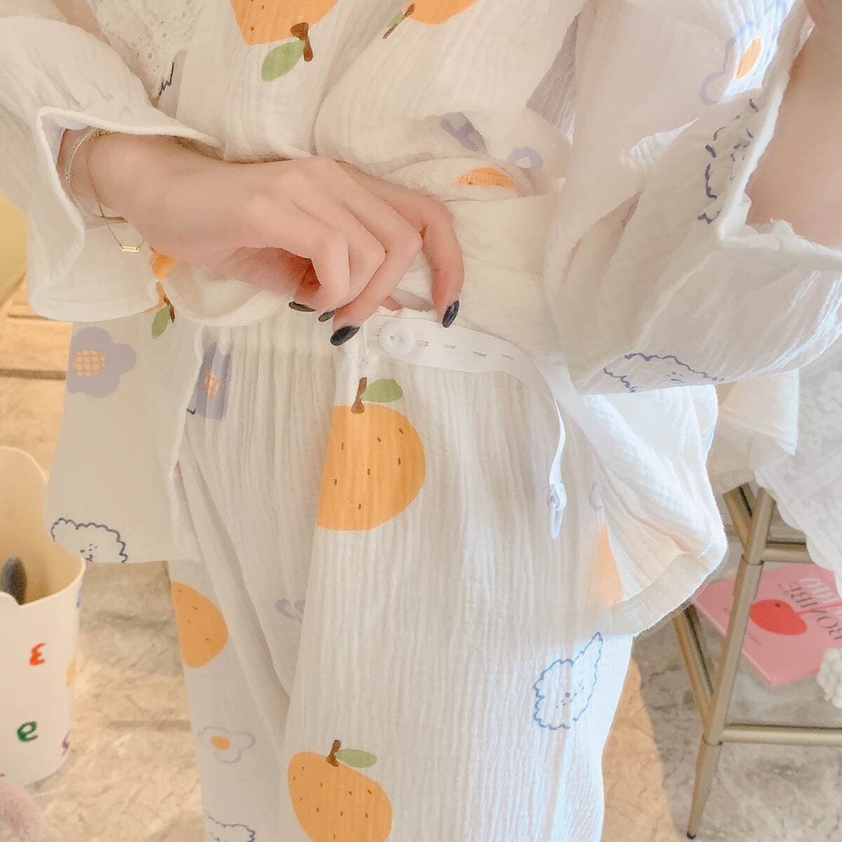 Yaz-payız üçün krepdən hazırlanmış uzunqol hamilə və əmizdirən qadınlar üçün pijama dəsti 4