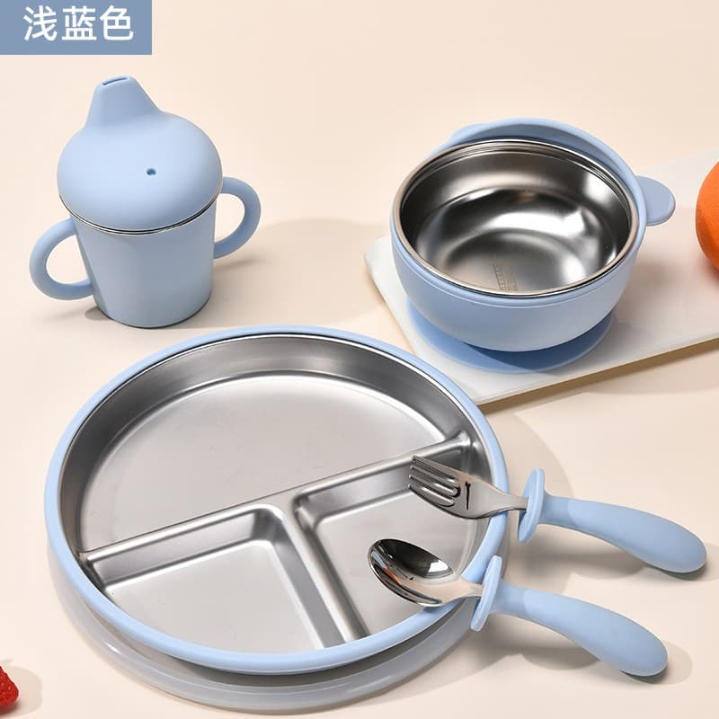 Light blue [bear bowl + cup + 20cm plate + fork + lid]