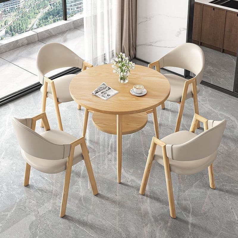 Round table + 4m color leather chairs - solid wood color legs