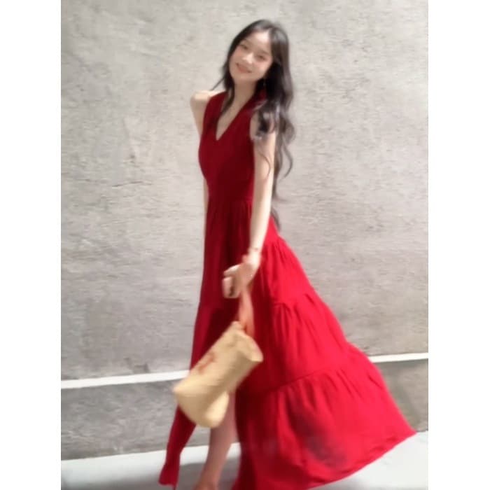 Red suspender dress