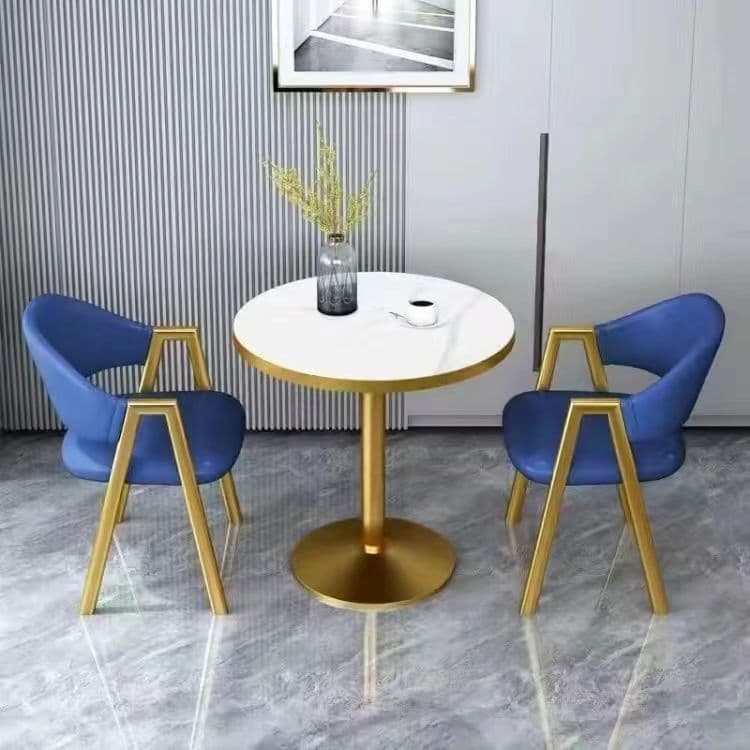 Imitation white marble table top + dark blue leather chair