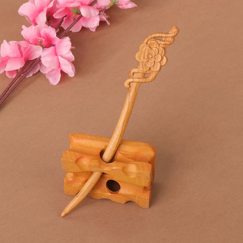 Double-sided carved peach wood hairpin-flowers