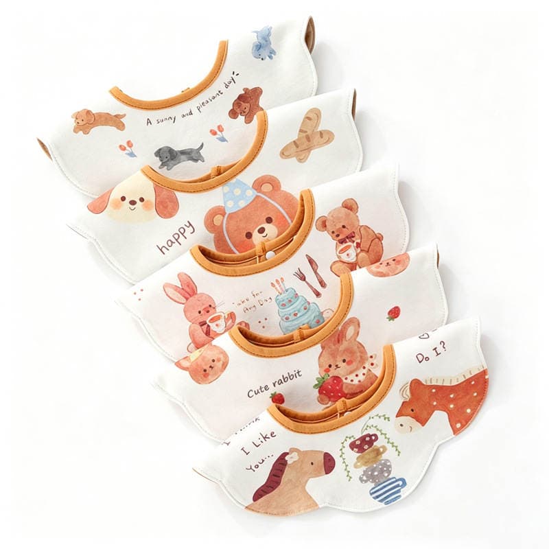 Knitted Fabric Waterproof Bib for Babies, Class a Pure Cotton, Petal-Shaped Bib with Cartoon Print, Double-Sided Use 5