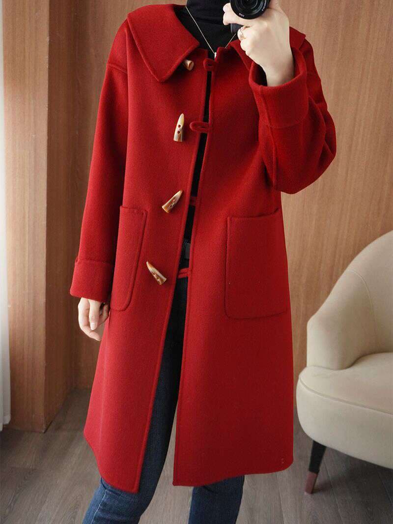 2023 autumn and winter new double-sided cashmere coat Women's Mid-length loose thickened horn buckle women's woolen coat 4