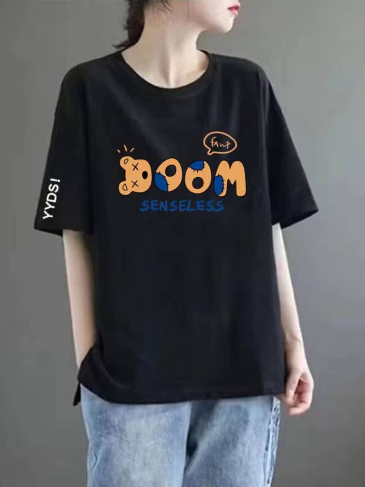 50 black tee with white sleeves [medium] - bear head lettering