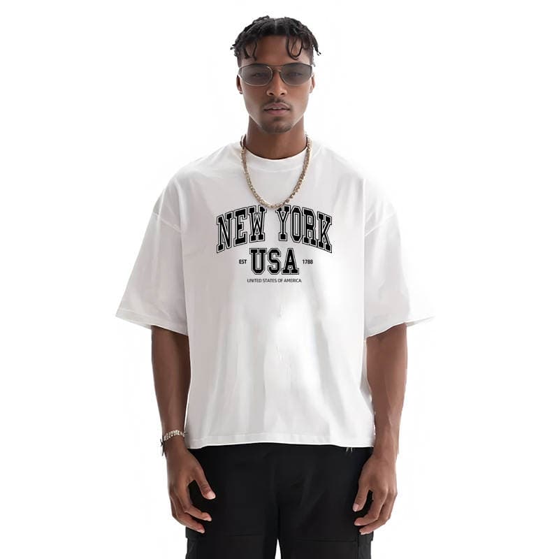 Kişilər üçün enli çiyinli, pambıqdan, boş kəsimli, hərflərlə naxışlı, idman və fitnes üçün qısaqol t-shirt. 1