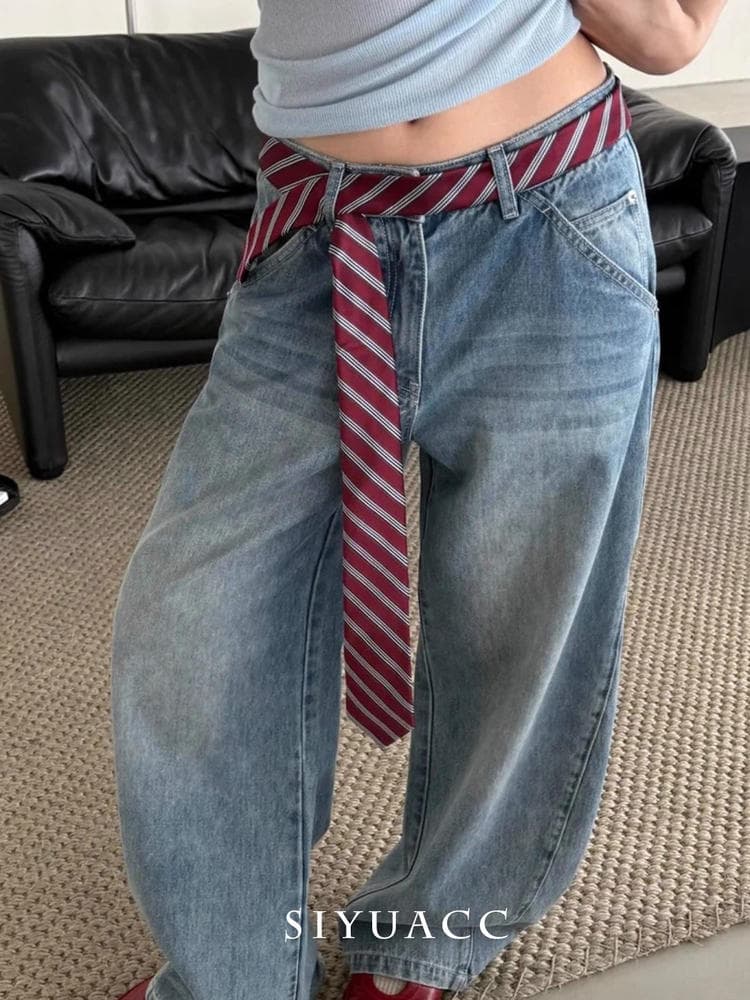 Japanese College Style Burgundy Striped Tie with Shirt, Bow Tie, Hand-Tied Neckerchief, Neck Accessory, Belt, Waist Rope 5