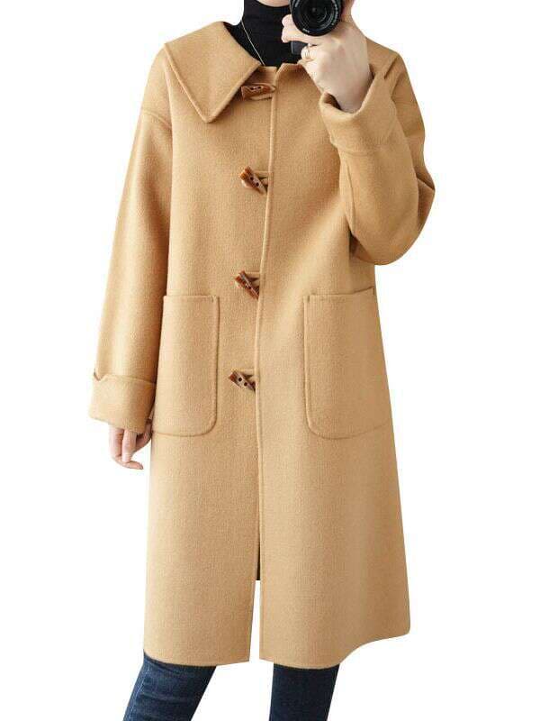2023 autumn and winter new double-sided cashmere coat Women's Mid-length loose thickened horn buckle women's woolen coat 5