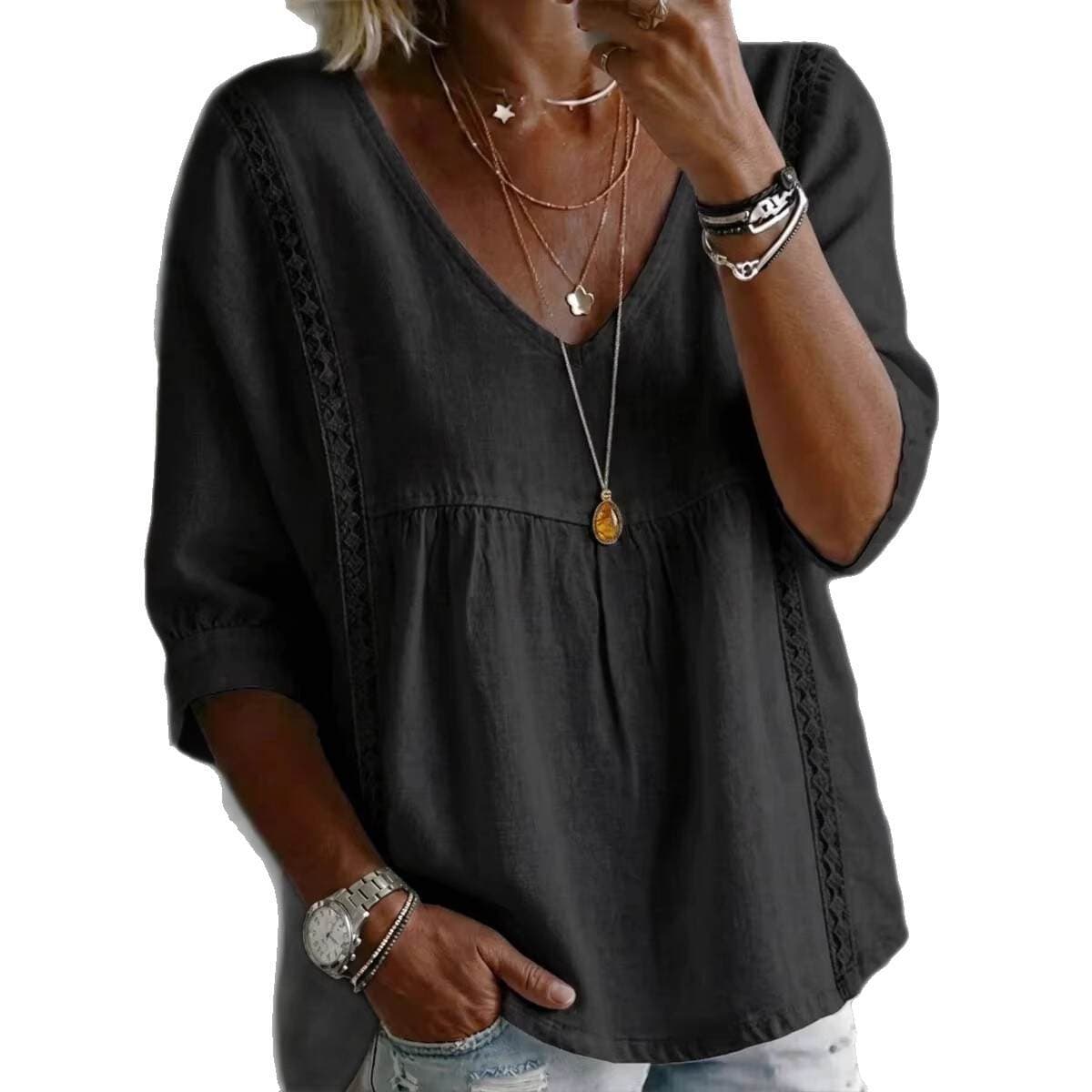 2026 New Foreign Trade Cross-Border Women's Lace V-Neck Pullover Solid Color Casual Three-Quarter Sleeve Blouse Shirt 5