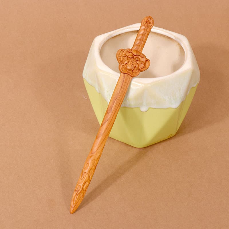 Double-sided carved peach wood hairpin ---- Peach blossom sword