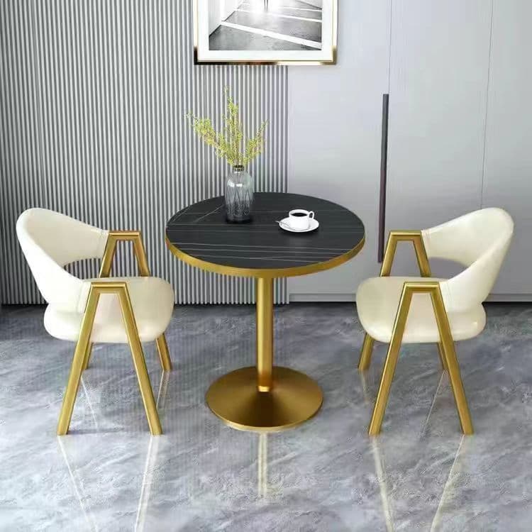 Imitation black marble + off-white leather chair