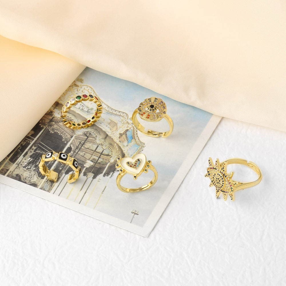 As Jewelry Avropa və Amerika Ürək Formalı Şeytan Gözü Rəngli Emallı Tənzimlənən Üzük, Mis Qızıl suyuna çəkilmiş Rik15 2