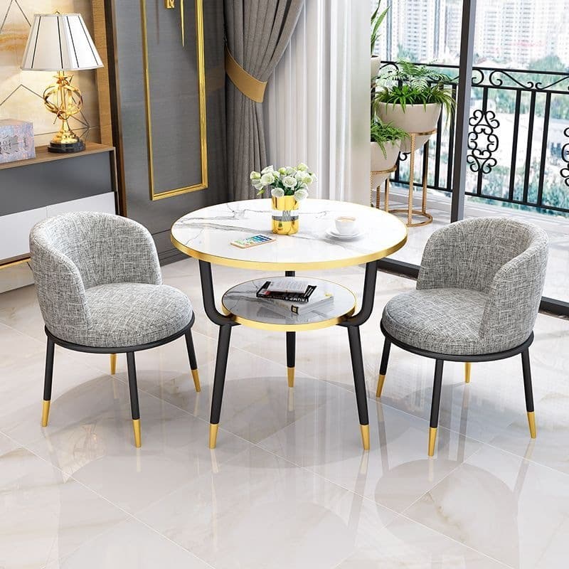 [one table and two chairs] warm white double-layer table 60cm + 2 light gray cloth chairs