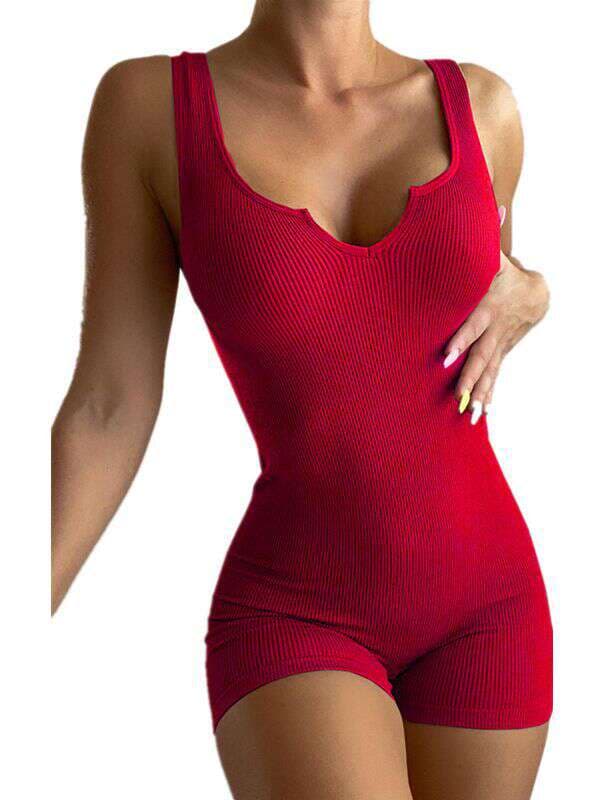 2023 European and American cross-border Amazon spring and summer women's solid color casual knitted rib V-neck vest slim jumpsuit 2