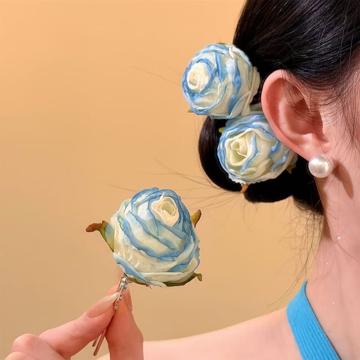 7333 burnt edge rose hairpin - blue