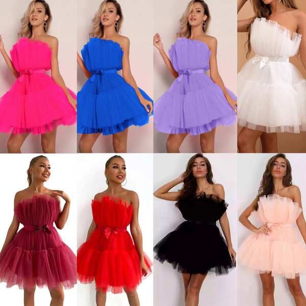Qadınlar üçün zərif bantlı və tütü ətəkli torlu strapless don