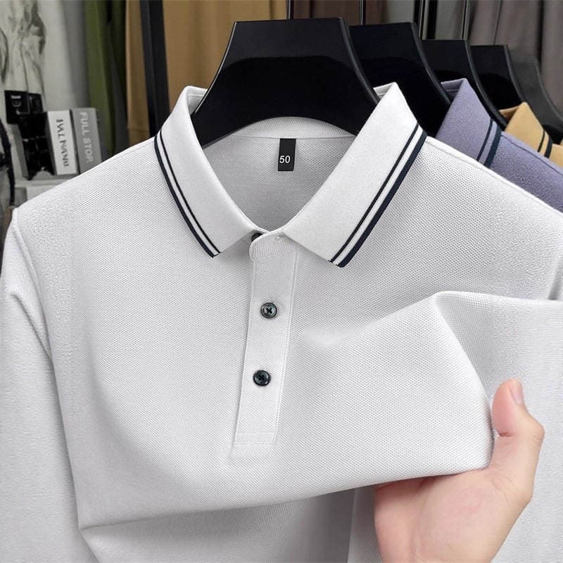 Kişilər üçün uzunqol, zolaqlı, yaxalıqlı, təmiz pambıq casual polo köynək (yaz-payız) 5