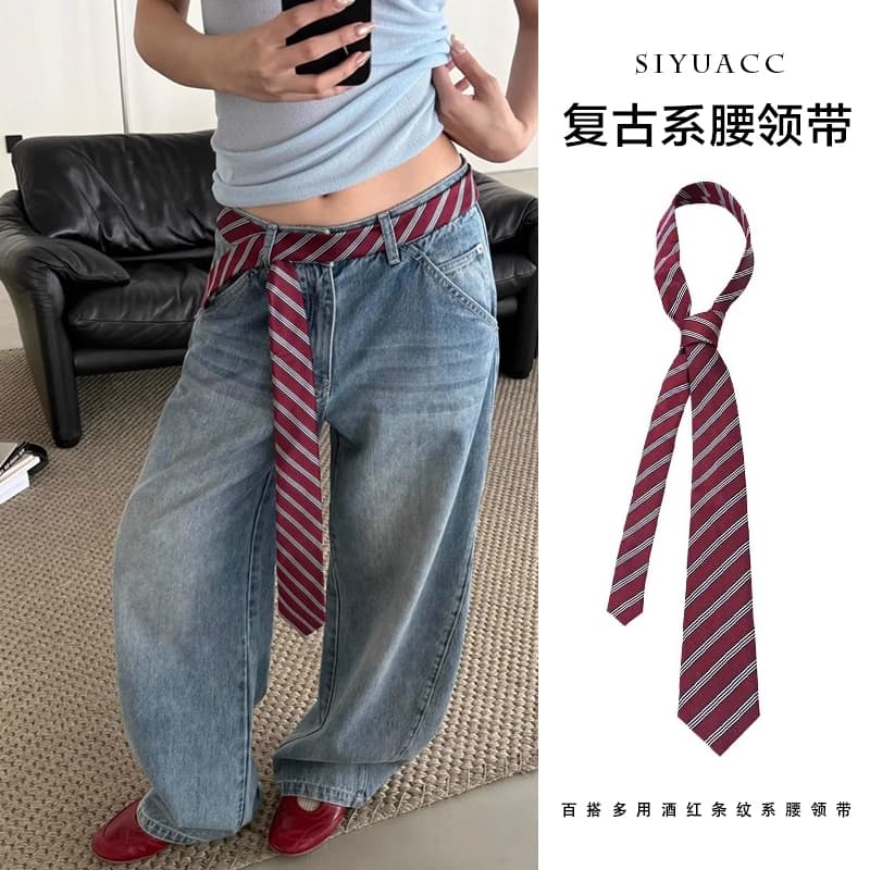 Burgundy and white pattern tie belt [about 140cm long]