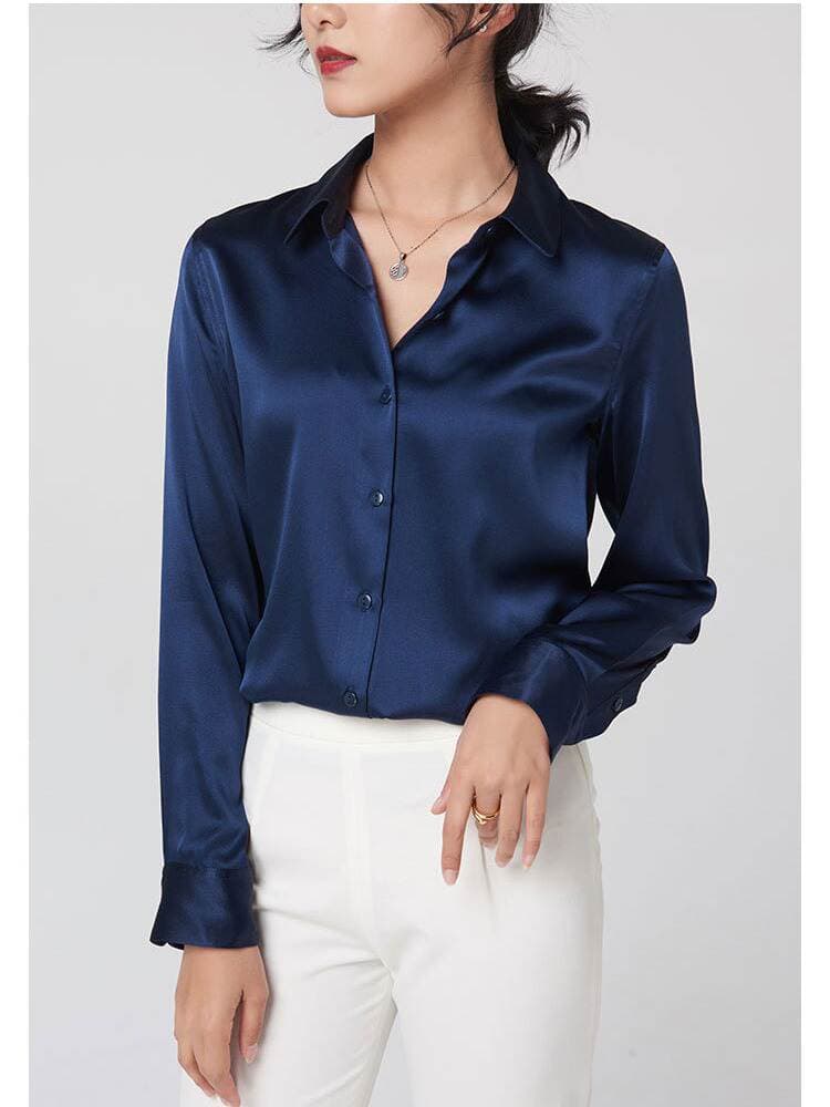Women's Long-Sleeve Silk Shirt 2026 Spring/Autumn Style Professional Wear Color-Blocking Commuter Shirt Slim Fit Square Collar Top 3