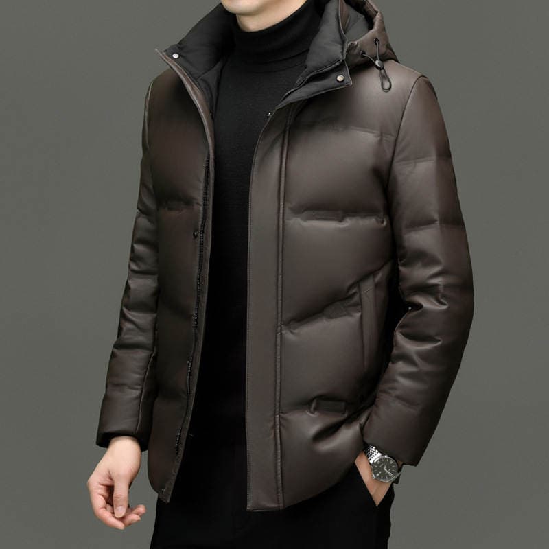 Autumn and Winter New Style Goose down Leather Jacket for Men, Business Casual Hooded Coat, Thickened Leather down Jacket for Middle-Aged Men 3