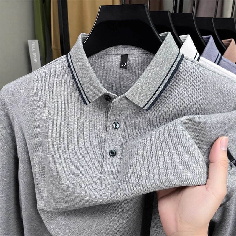 Kişilər üçün uzunqol, zolaqlı, yaxalıqlı, təmiz pambıq casual polo köynək (yaz-payız) 4